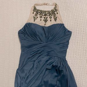ADRIANNA PAPELL hand beaded halter long column gown in dusty blue.